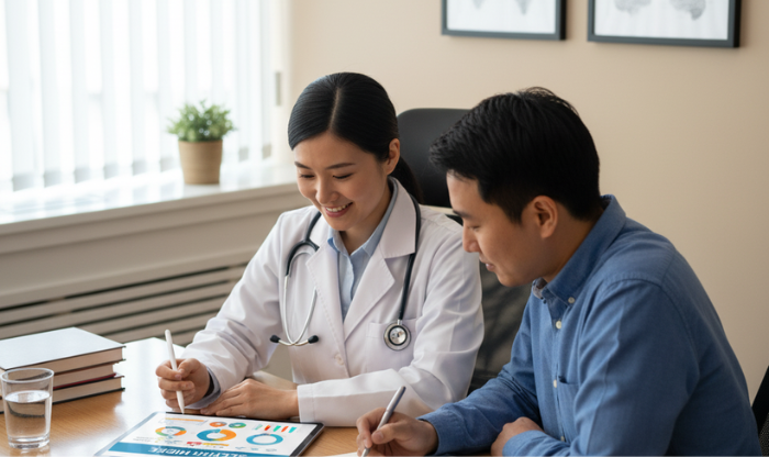 Bác sĩ đang tư vấn cho bệnh nhân về vấn đề lo âu và giấc ngủ tại phòng khám