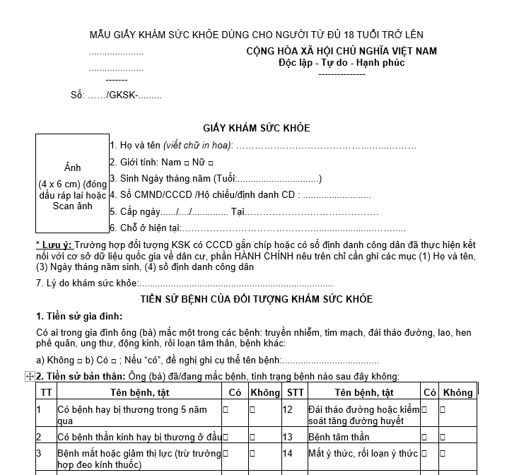 mẫu giấy khám sức khỏe thông tư 32